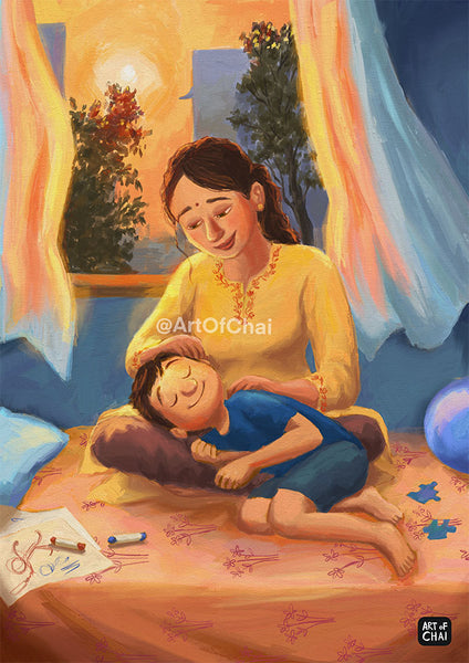 Sleeping on Mom's lap - Art Print